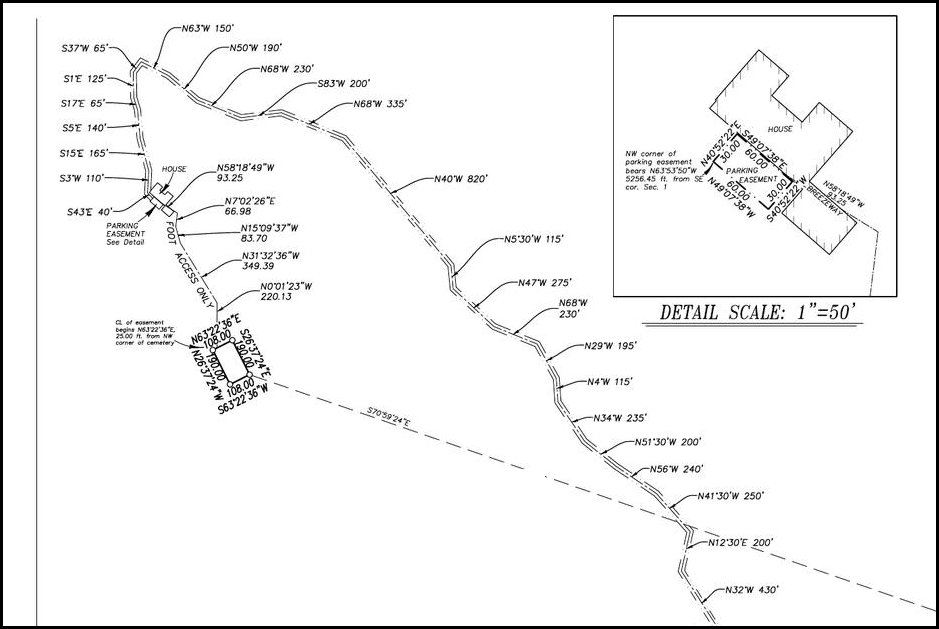 A survey drawing with bearings, distances and a detail inset